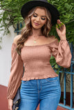 Smocked Square Neck Long Sleeve Blouse - Flyclothing LLC