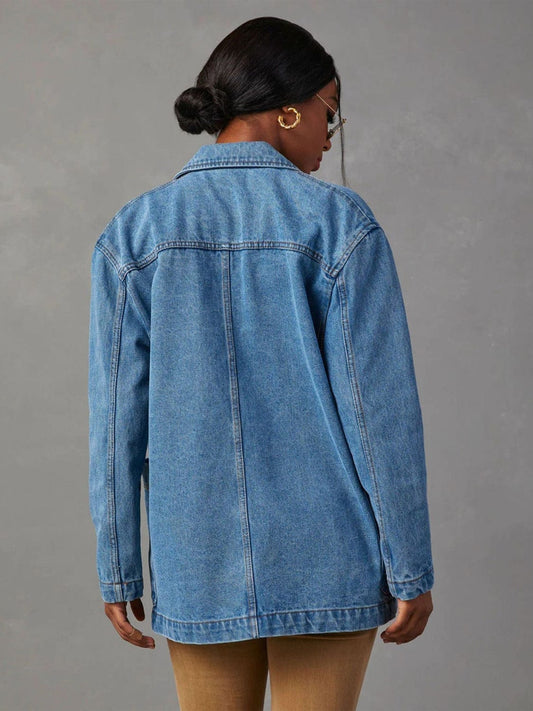 Collared Neck Long Sleeve Denim Jacket - Trendsi