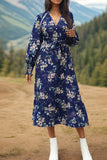 Printed Notched Lantern Sleeve Midi Dress - Flyclothing LLC