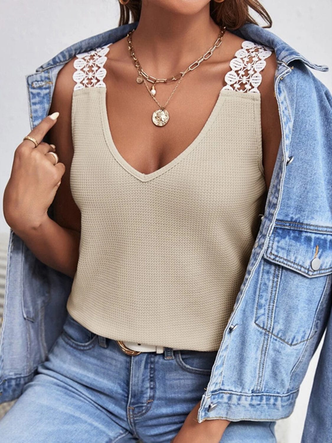 Lace Detail Waffle-Knit V-Neck Tank - Trendsi