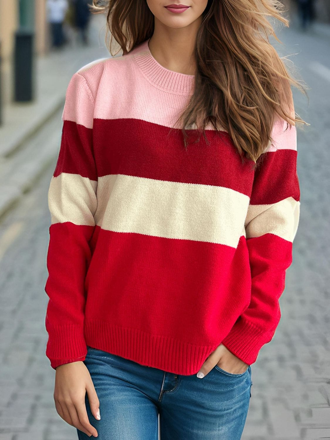 Color Block Round Neck Long Sleeve Sweater - Trendsi