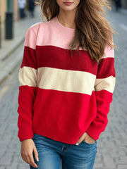 Color Block Round Neck Long Sleeve Sweater - Trendsi