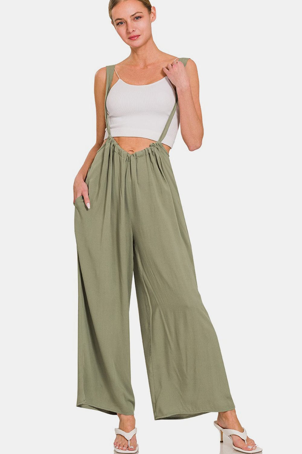 Zenana Pocketed Wide Strap Wide Leg Overalls Trendsi