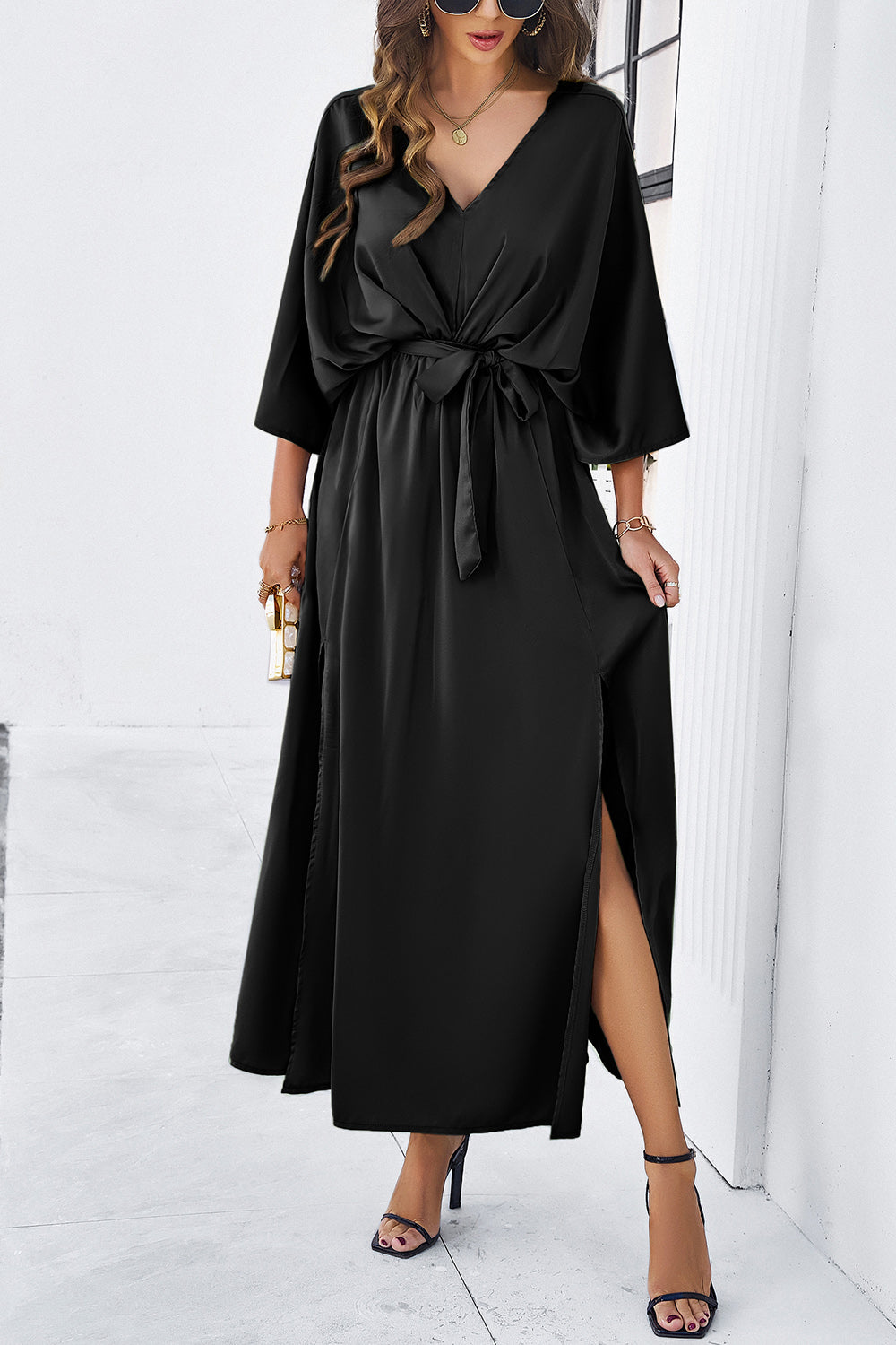 Slit Tied V-Neck Three-Quarter Sleeve Dress - Flyclothing LLC