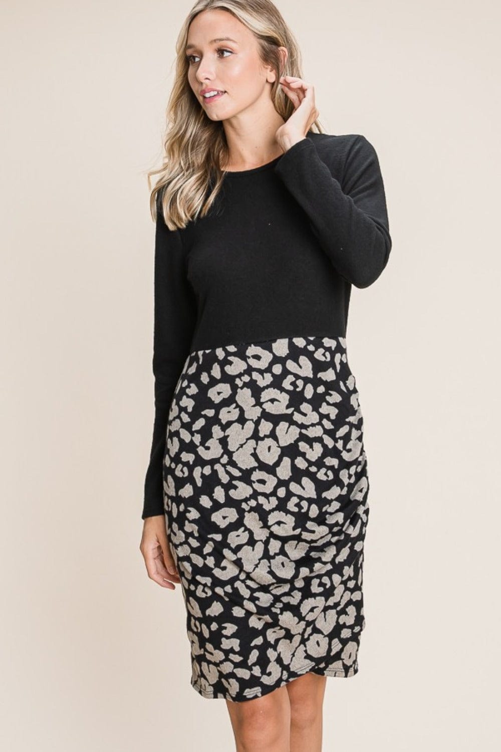 BOMBOM Leopard Color Block Knit Dress - Trendsi