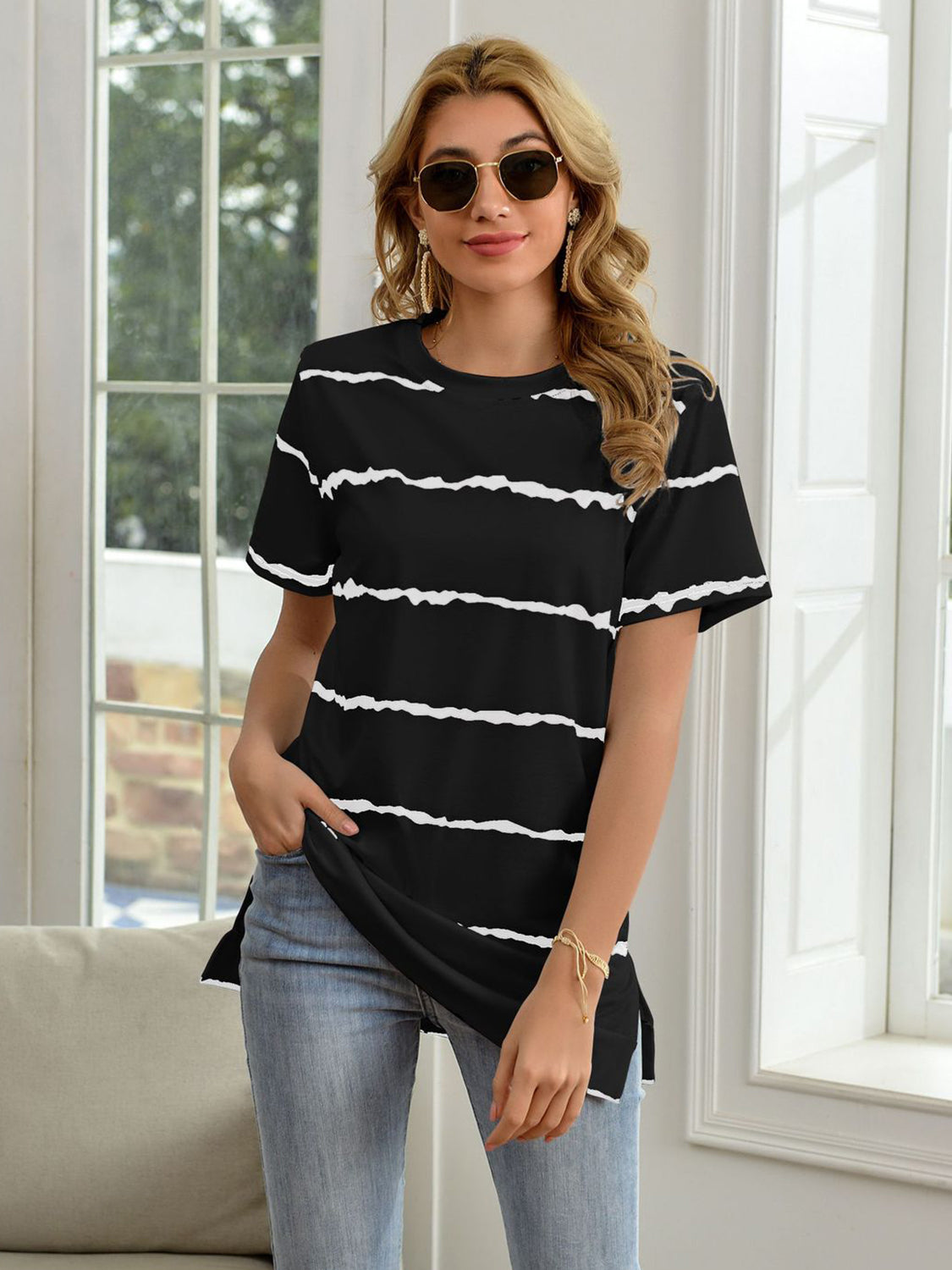 Striped Round Neck Short Sleeve T-Shirt - Flyclothing LLC