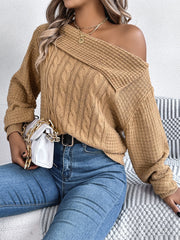 Cable-Knit One Shoulder Long Sleeve Sweater - Trendsi