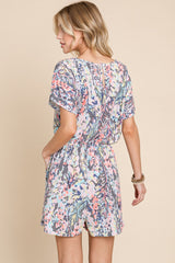 BOMBOM Printed Short Sleeve Drawstring Romper - Trendsi