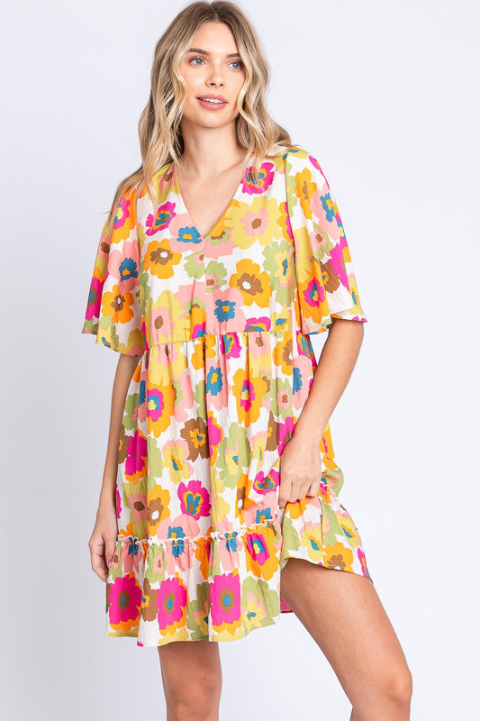 GeeGee Floral V-Neck Ruffle Hem Mini Dress - Flyclothing LLC