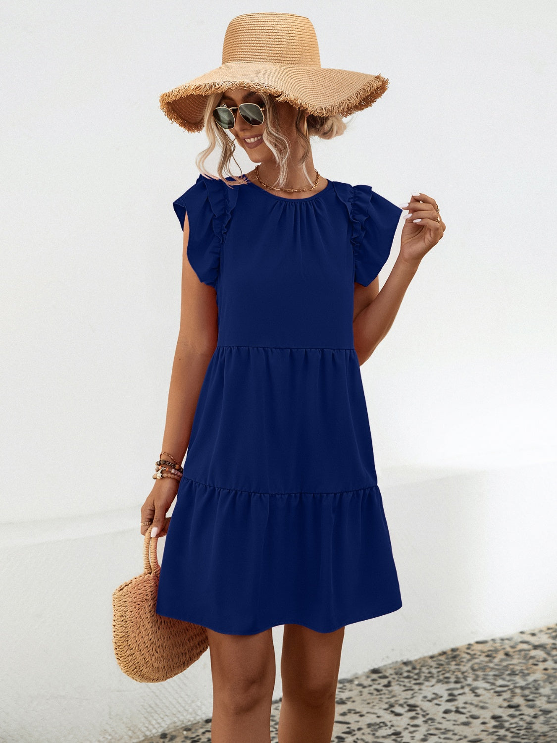 Ruffled Round Neck Cap Sleeve Mini Dress - Flyclothing LLC