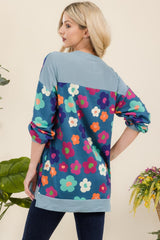 Celeste Full Size Side Slit Flower Print Long Sleeve Top - Trendsi