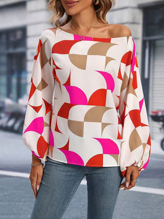 Printed One Shoulder Balloon Sleeve Blouse Trendsi