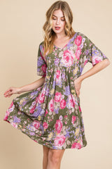 BOMBOM Flower Print V-Neck Ruched Dress - Trendsi