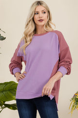 Celeste Full Size High-Low Contrast Round Neck Sweatshirt - Trendsi