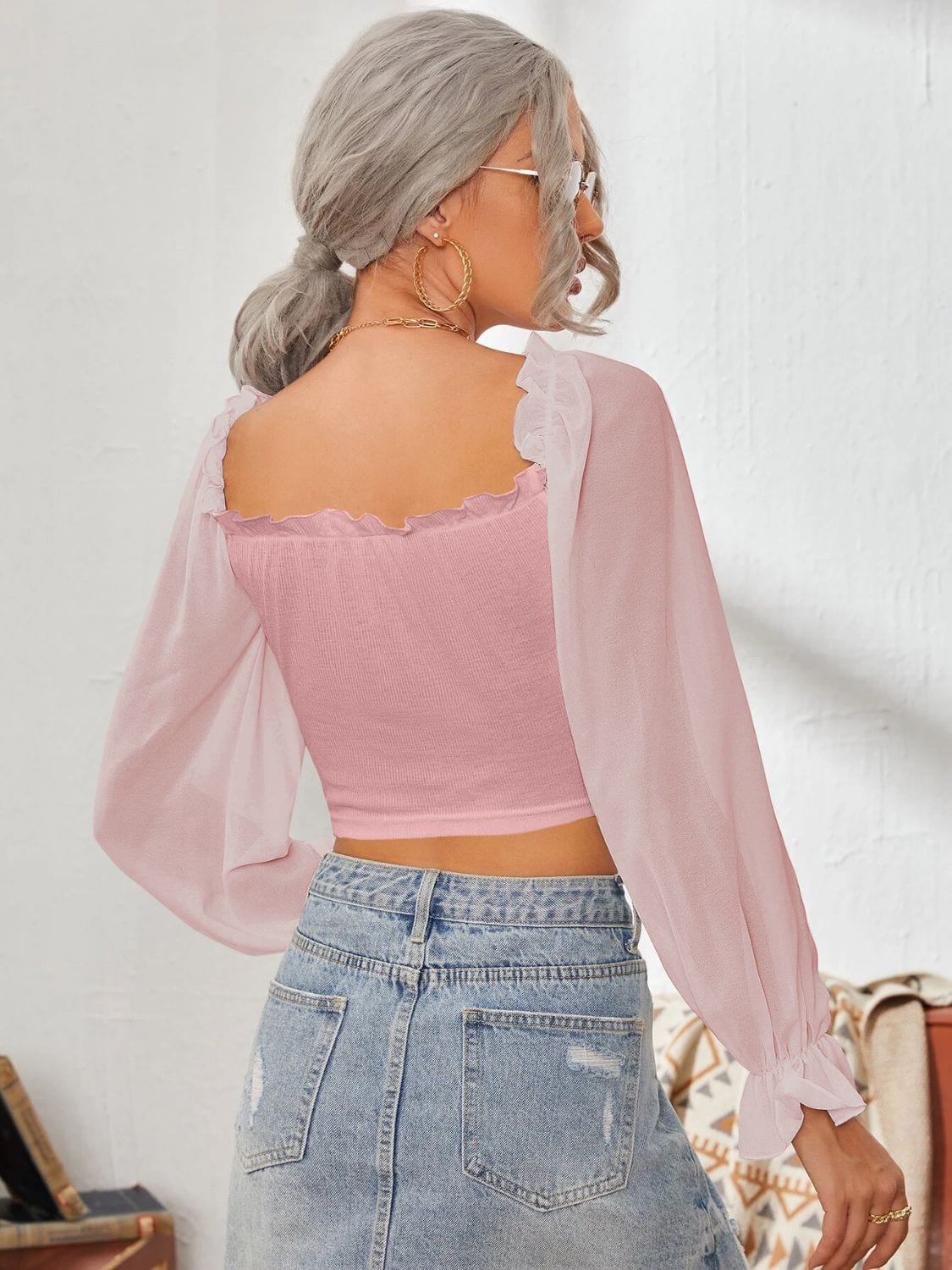 Mesh Sweetheart Neck Flounce Sleeve Top - Trendsi