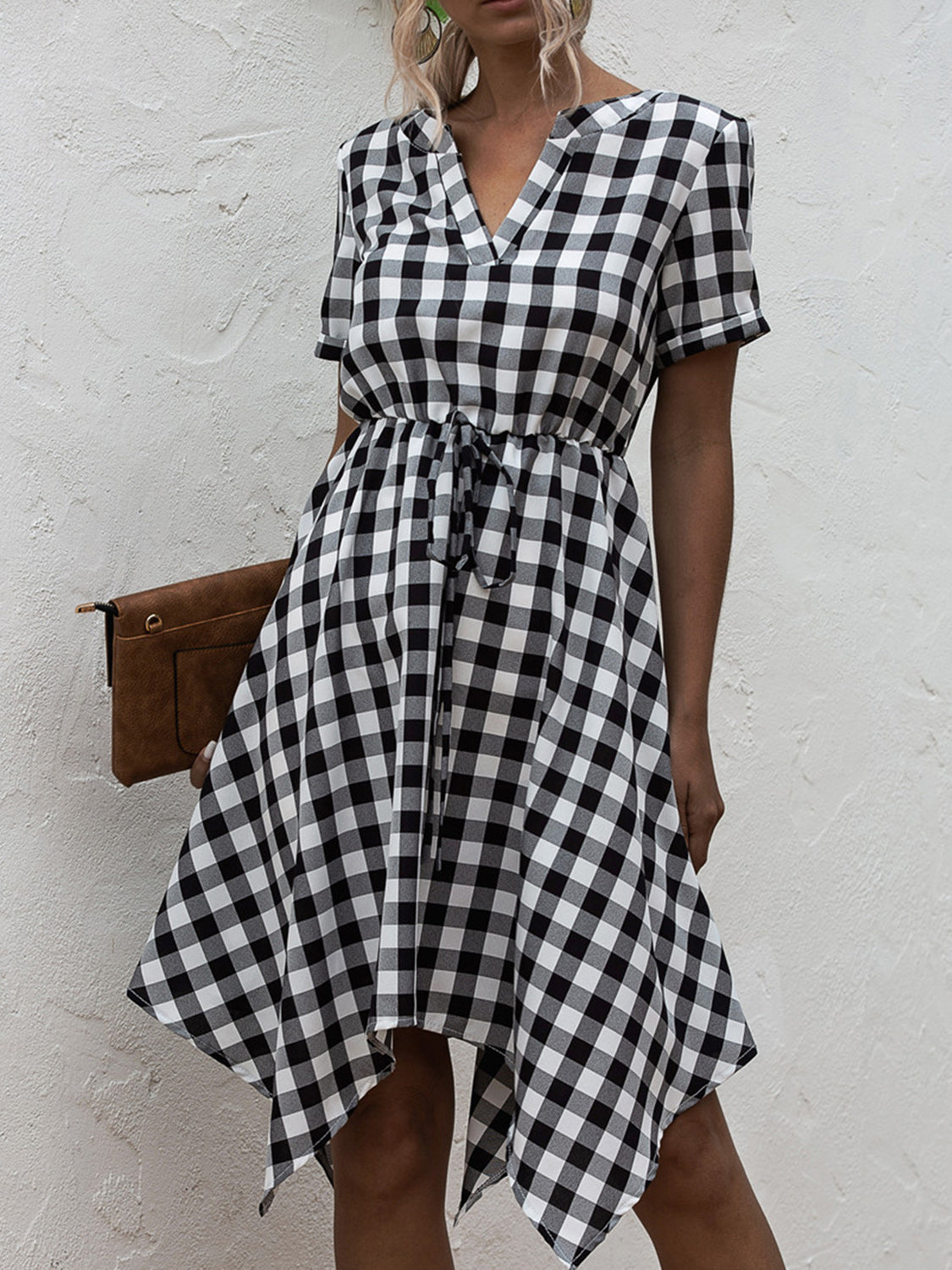 Plaid Notched Short Sleeve Dress Trendsi