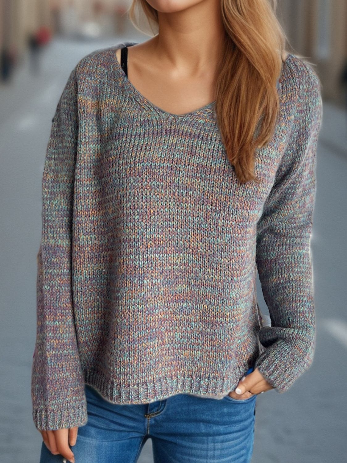 Heathered V-Neck Long Sleeve Sweater - Trendsi