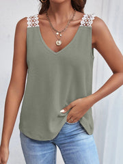 Lace Detail Waffle-Knit V-Neck Tank - Trendsi