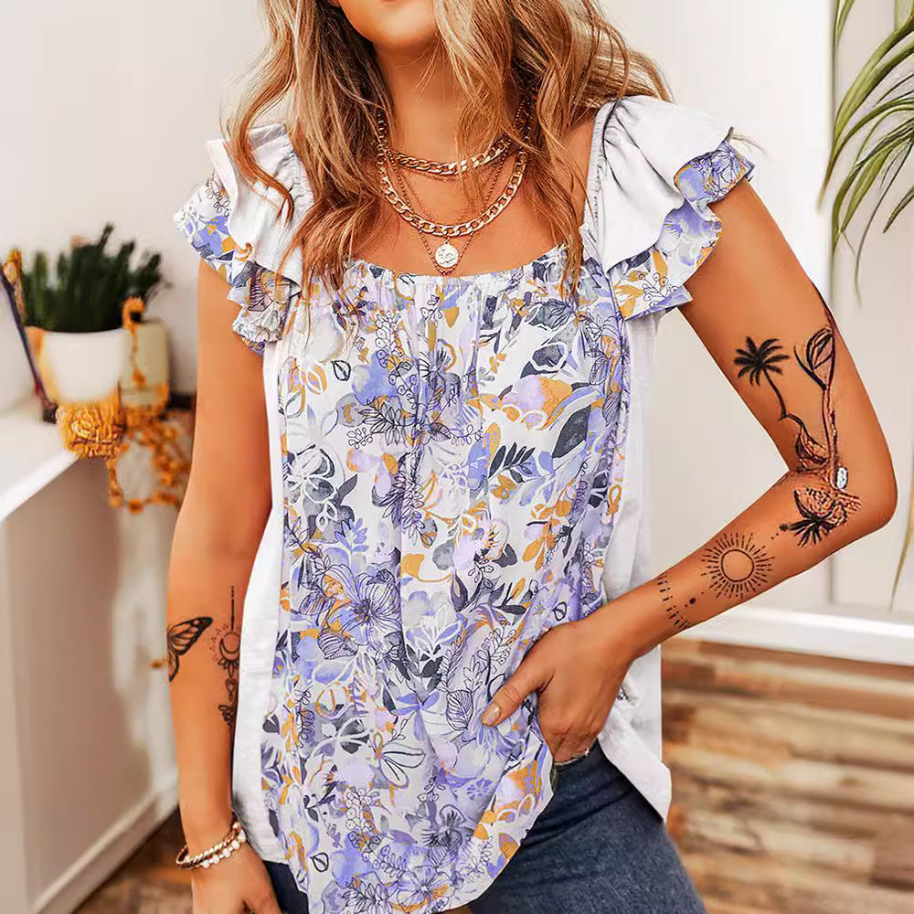 Ruffled Floral Square Neck Cap Sleeve Blouse Trendsi