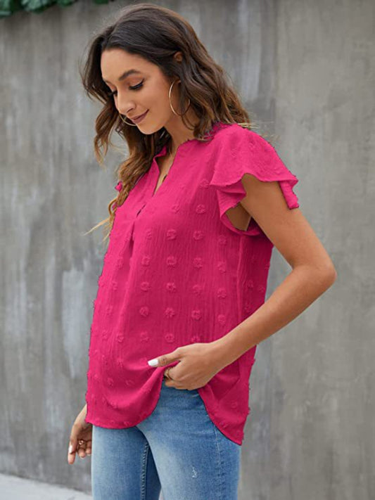 Swiss Dot Notched Cap Sleeve Blouse - Flyclothing LLC