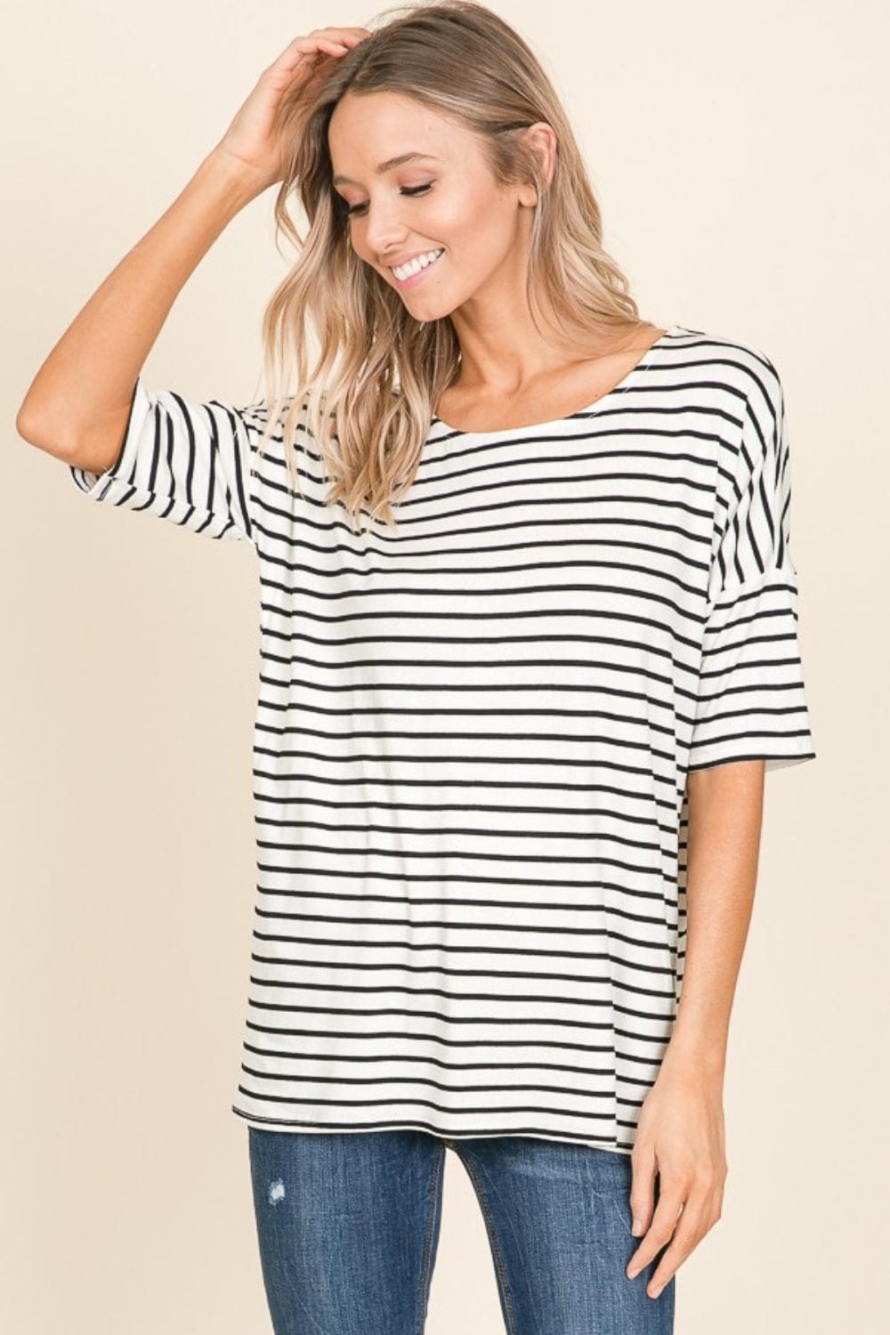 BOMBOM Striped Round Neck T-Shirt - Trendsi