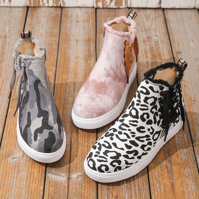 Lace-Up Round Toe Canvas Boots with Side Zip - Trendsi