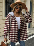 Drawstring Plaid Long Sleeve Hooded Jacket - Trendsi