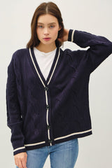 Be Cool Contrast Trim Cable-Knit V-Neck Cardigan - Trendsi