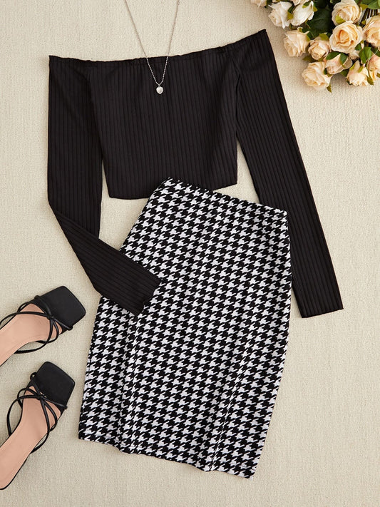 Off-Shoulder Long Sleeve Top and Houndstooth Skirt Set - Trendsi