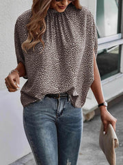 Tied Printed Mock Neck Half Sleeve Blouse - Flyclothing LLC