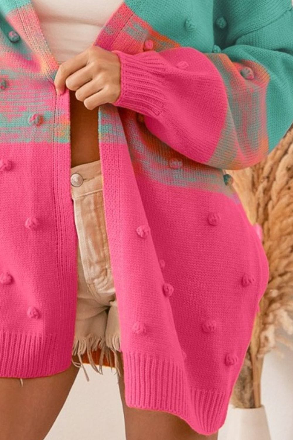 BiBi Color Block Ponpon Sweater Cardigan - Trendsi