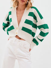 Striped Button Down Drop Shoulder Cardigan - Trendsi