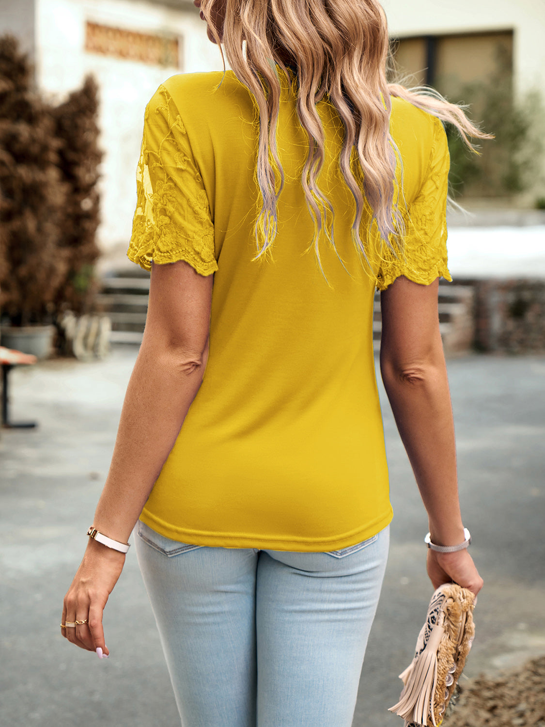 Lace Detail Round Neck Short Sleeve T-Shirt Trendsi