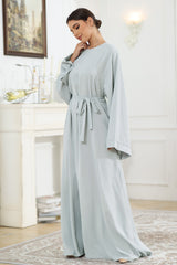 Round Neck Kimono Sleeve Tie Waist Dress - Flyclothing LLC