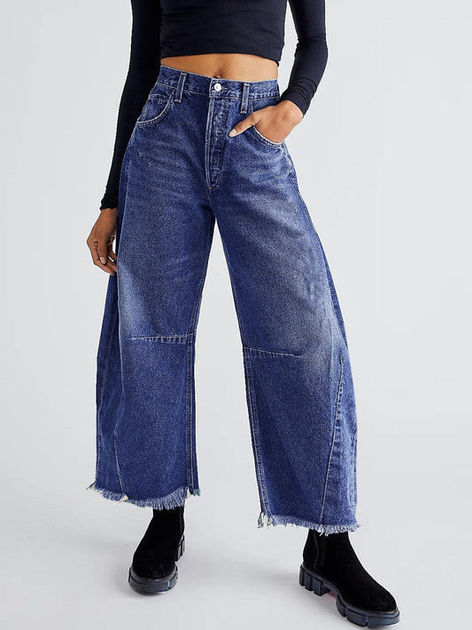 Raw Hem Wide Leg Jeans with Pockets - Trendsi