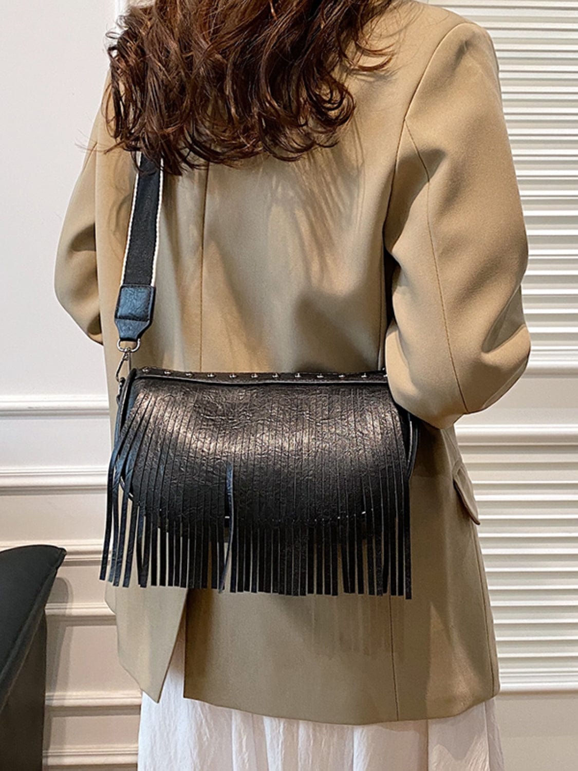 PU Leather Fringe Studded Crossbody Bag - Trendsi