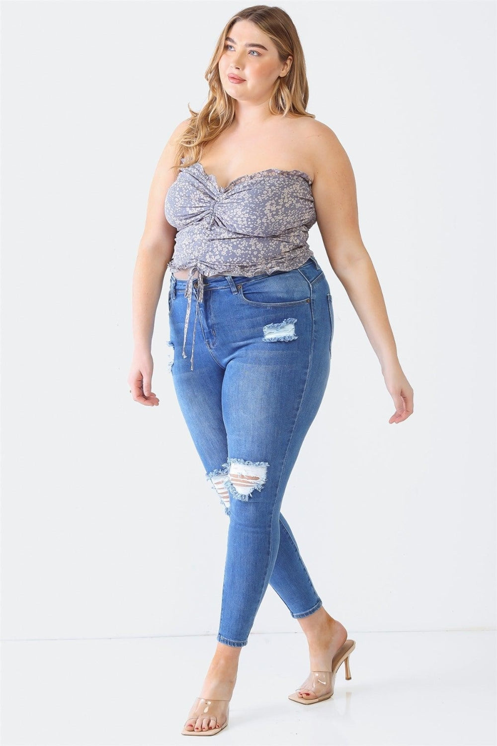 Zenobia Plus Size Drawstring Smocked Floral Tube Top Trendsi