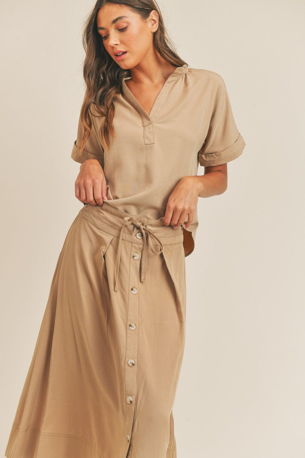 MABLE Short Sleeve Top and Button Down Midi Skirt Set - Trendsi