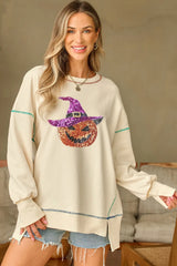 Contrast Stitching Sequin Pumpkin Round Neck Long Sleeve Sweatshirt - Trendsi