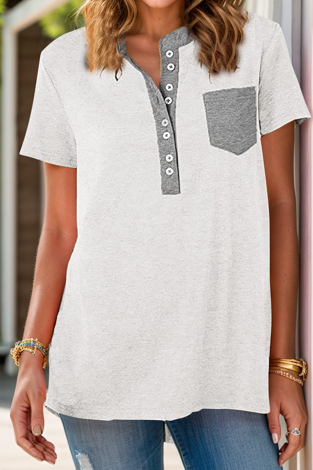 Full Size Half Button Short Sleeve T-Shirt - Trendsi