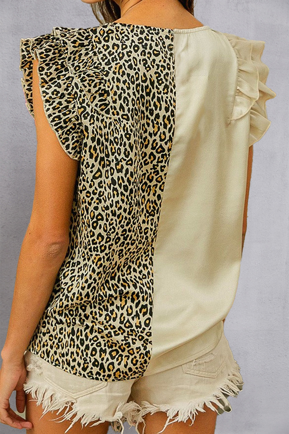 Ruffled Leopard V-Neck Cap Sleeve Blouse - Flyclothing LLC