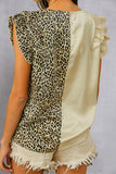 Ruffled Leopard V-Neck Cap Sleeve Blouse - Flyclothing LLC