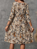 Printed Round Neck Three-Quarter Sleeve Dress - Trendsi