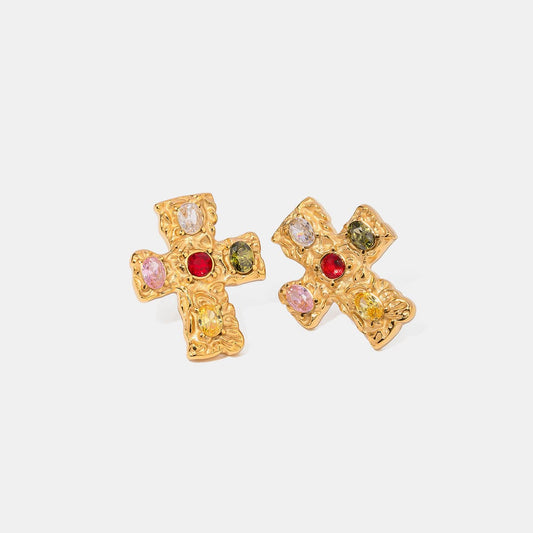 18K Gold-Plated Zircon Cross Earrings - Trendsi