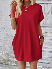 Pocketed Round Neck Short Sleeve Dress - Flyclothing LLC