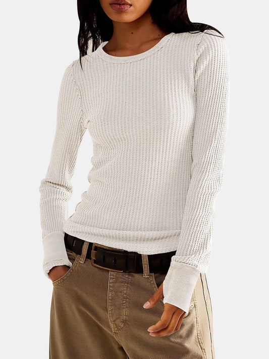 Exposed Seam Round Neck Long Sleeve T-Shirt - Trendsi