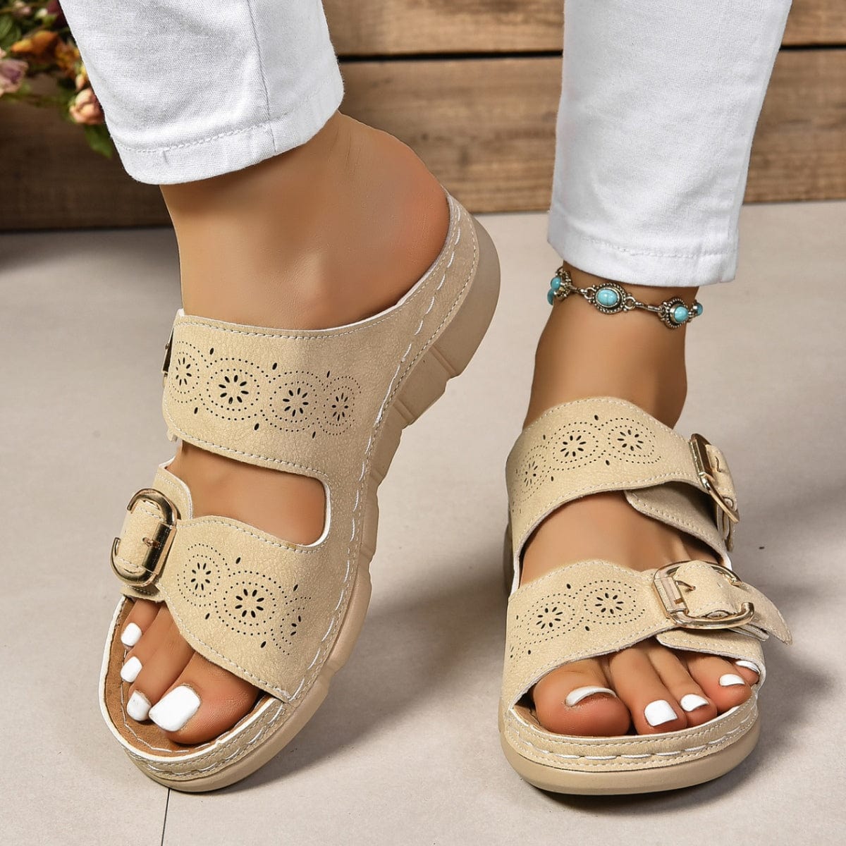 PU Leather Open Toe Buckle Sandals - Trendsi