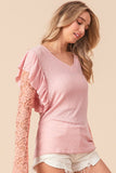 BiBi Ruffled Lace Sleeve Rib Knit Top Trendsi