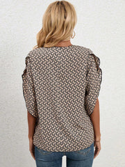 Lace Detail Printed V-Neck Half Sleeve Blouse - Flyclothing LLC