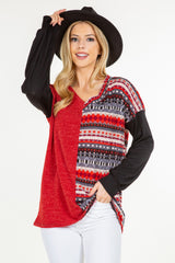 Celeste Full Size Contrast Geometric V-Neck Long Sleeve Blouse - Trendsi